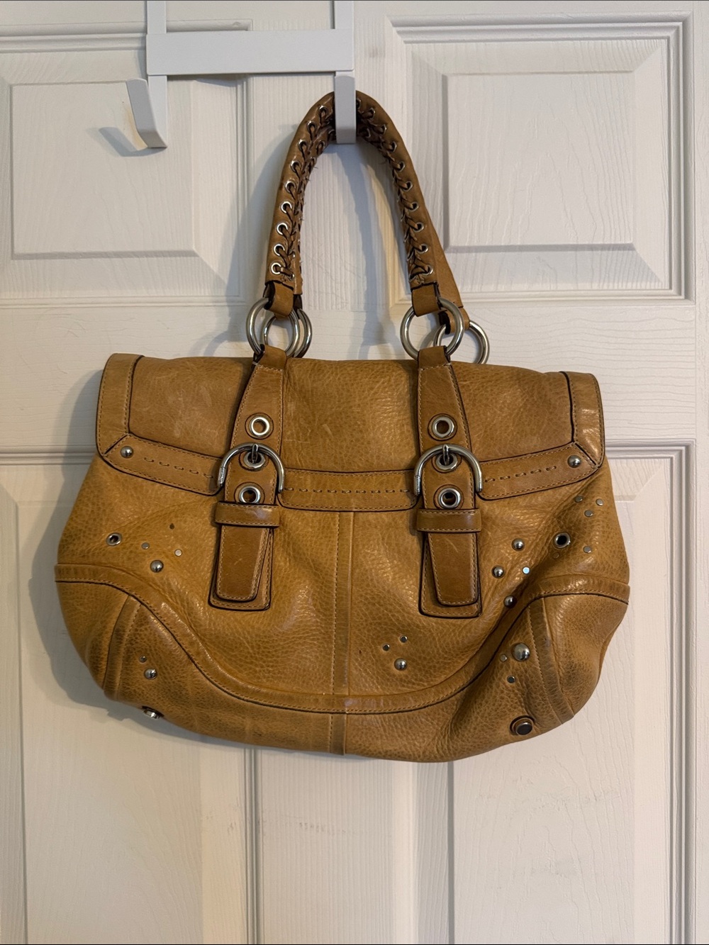 Coach Tan Studded Shoulder Bag with Ring Hardware